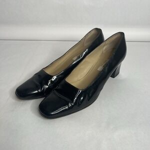 Talbots Black Patent Leather Block Heel Slip On Office Preppy Pumps Womens 9N